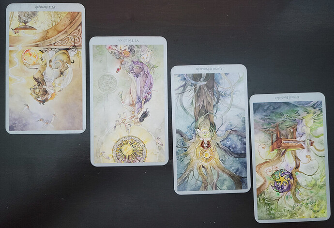 Four tarot cards lay on a black surface. From left to right, the cards are as follows: Strength Reversed, The Lovers Reversed, The Queen of Pentacles Reversed, and the Nine of Pentacles Reversed. The cards are from the Shadowscapes deck and are whimsical and ethereal in nature. Strength reversed shows a lion and woman in white. The Lovers reversed depicts two fairies intertwined in a romantic embrace. The Queen of Pentacles reversed depicts a forest nymph in her tree with a large bring star over her head. The Nine of Pentacles depicts a young woman dressed in white playing a piano while a tree grows out of the top of it. image