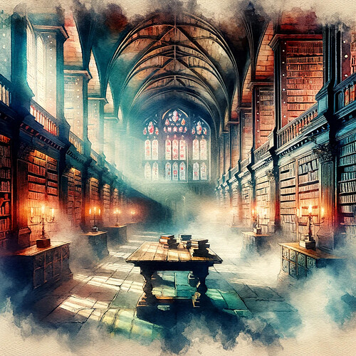 DALL·E 2024-03-02 22.05.57 - Enhance the watercolor painting of the ancient spirit library in England by adding fog or mist wisps throughout the room, creating an even more myster