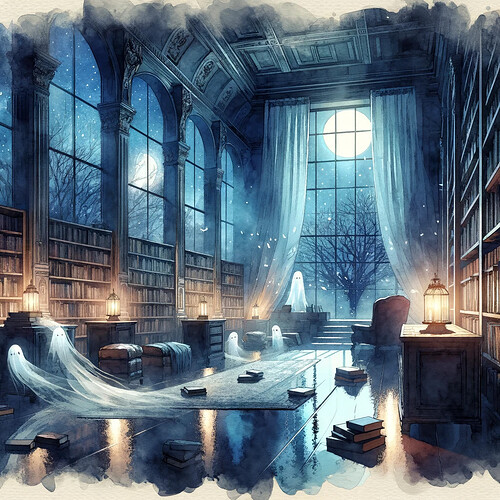 DALL·E 2024-03-02 21.51.04 - Enhance the previous serene and atmospheric library scene with additional details in watercolor style. In this version, add more visible wisps of ghos