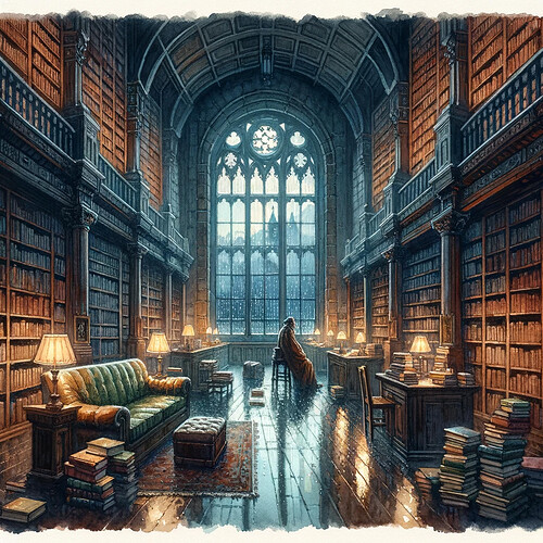 DALL·E 2024-03-02 21.50.09 - Imagine a serene and atmospheric library scene depicted in watercolor. The library is a vast room with high ceilings and shelves filled with books fro