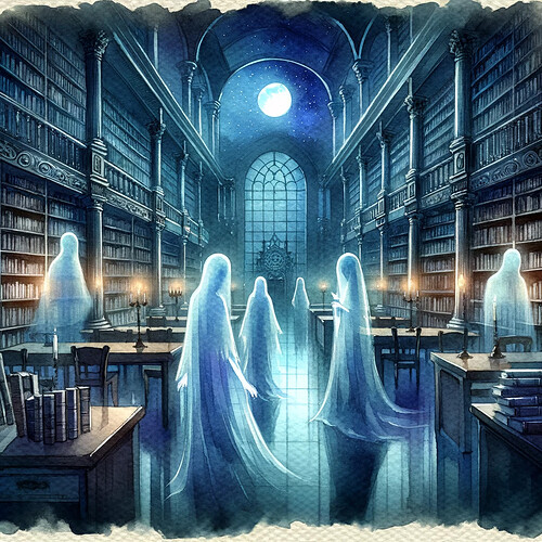 DALL·E 2024-03-02 21.51.33 - Refine the library scene to make the ghosts appear more human-like in watercolor style. The ethereal visitors now have clearer, more human-like forms,