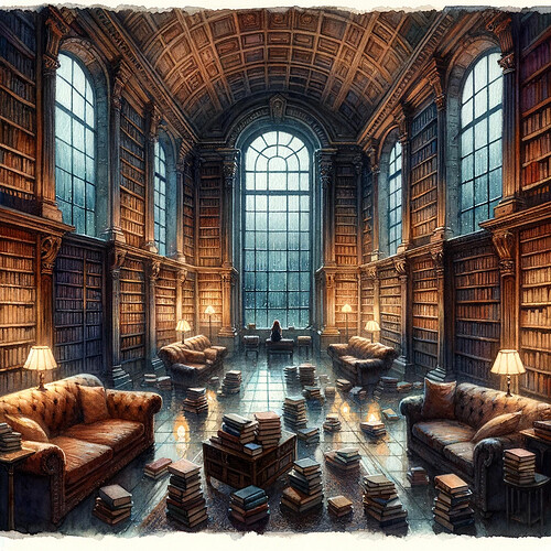 DALL·E 2024-03-02 22.11.43 - Imagine a serene and atmospheric library scene depicted in watercolor. The library is a vast room with high ceilings and shelves filled with books fro