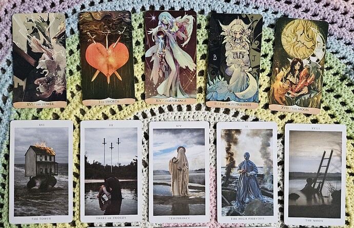 The Traditional Manga Tarot in row one and The Somnia Tarot in row two depict the five cards previously mentioned.