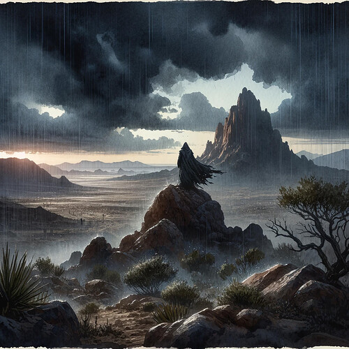 DALL·E 2024-03-02 21.46.52 - Create a watercolour painting showcasing a rugged, rocky desert landscape at dusk, amidst a rainfall under a blackish-grey, ominous sky. The terrain i