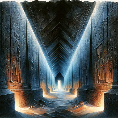 DALL·E 2024-03-02 21.42.03 - Create a watercolor painting depicting the interior of an enigmatic black pyramid. The scene begins in a long, dark corridor with imposing high walls