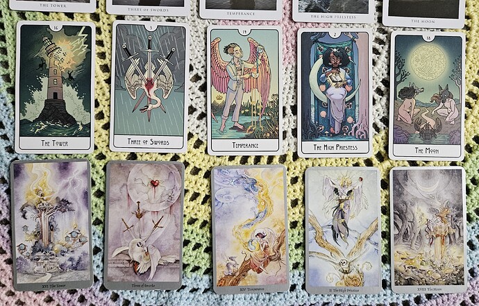 The This Might Hurt Tarot in row one and The Shadowscapes Tarot in row two depict the five cards previously mentioned.